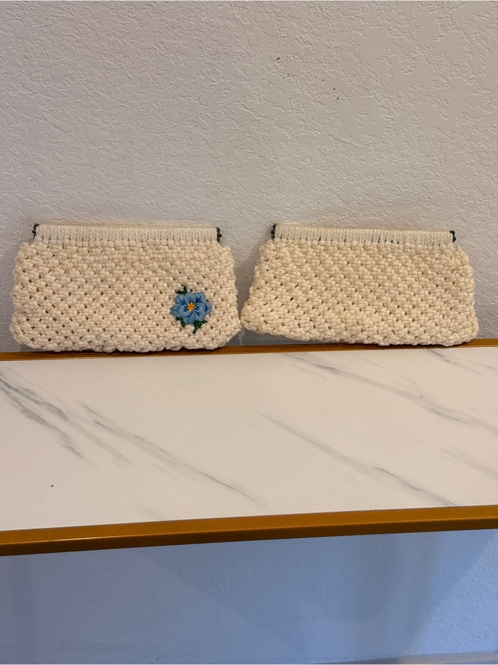 Cream Crochet Knit Clutch with Blue Floral Accent BUNDLE